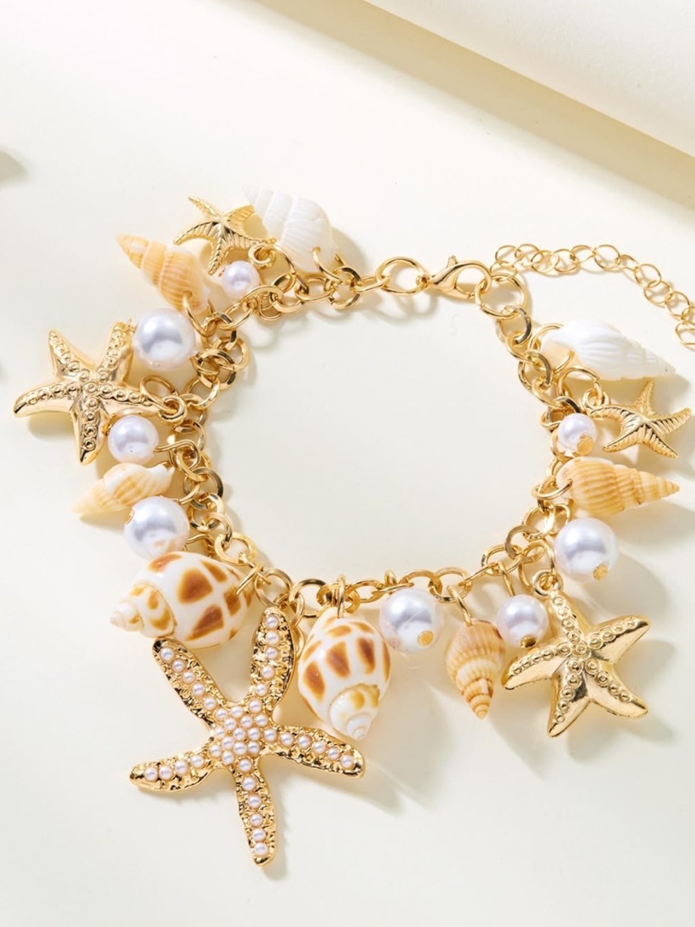 Anthropologie Gold-Tone Starfish & Shell Charm Bracelet with Pearls